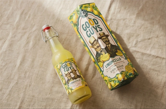 Detail van de beugelfles van Good Guys Limoncello met ambachtelijk etiket