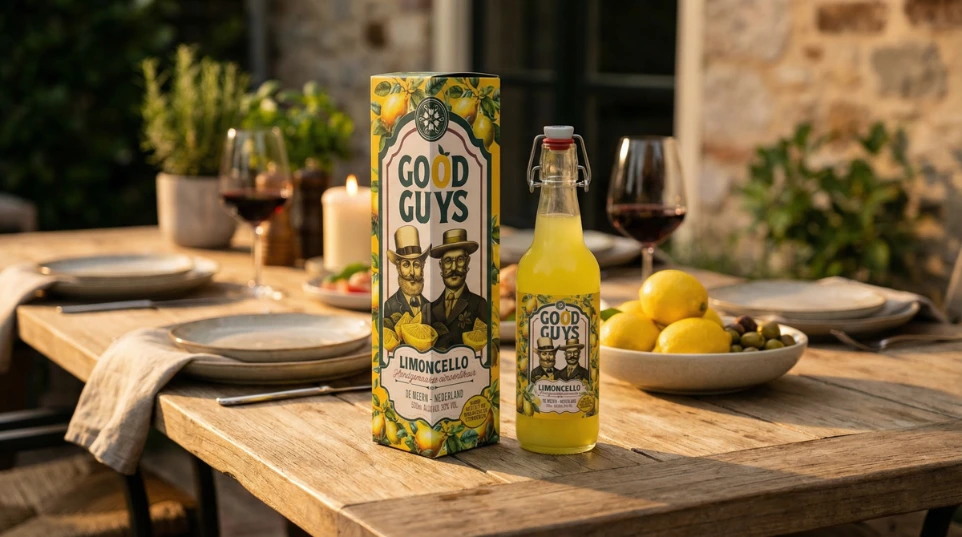 Good Guys Limoncello als cadeau op tafel tijdens een gezellig etentje