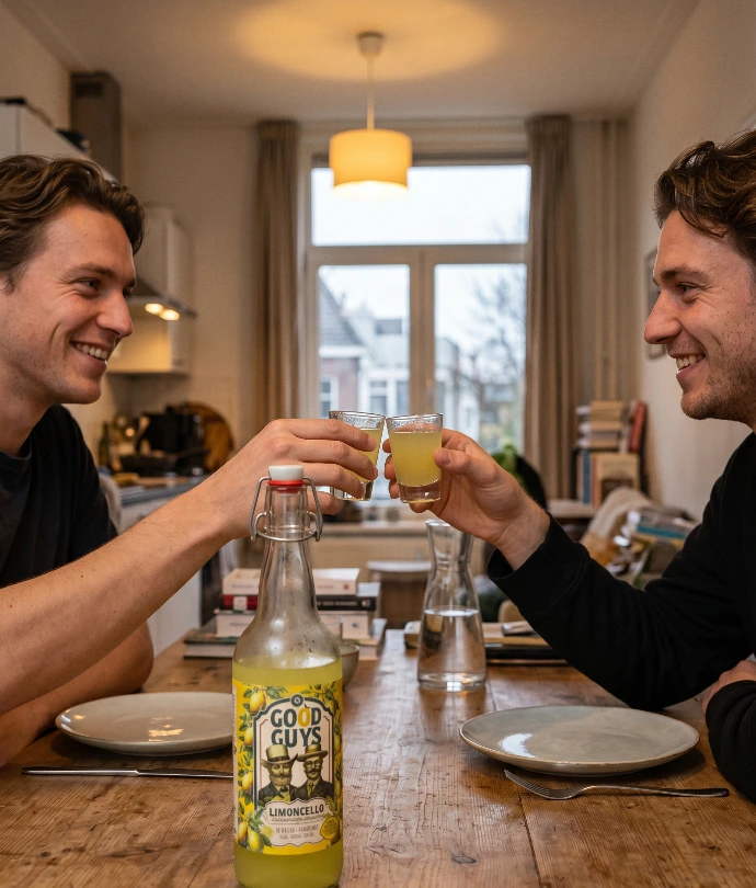 Twee mensen klinken met een glas limoncello, sfeermoment Good Guys Limoncello Utrecht