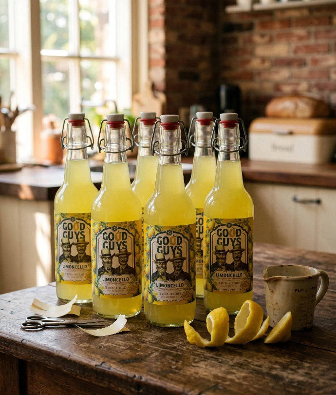 Een handvol Good Guys Limoncello flessen klaarstaan voor botteling, kleine batch productie in De Meern