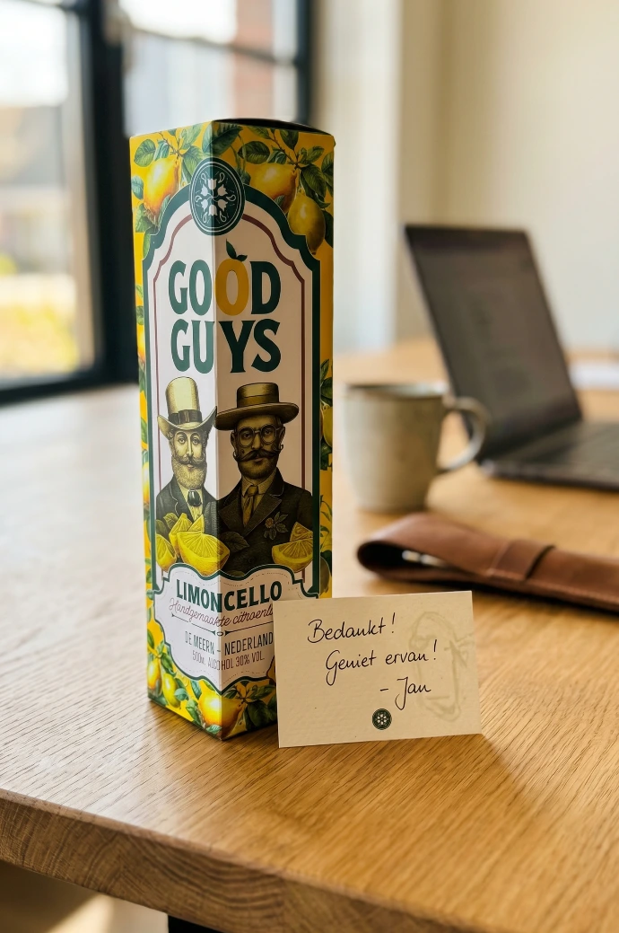 Good Guys Limoncello geschenkdoos op een kantooromgeving als zakelijk relatiegeschenk