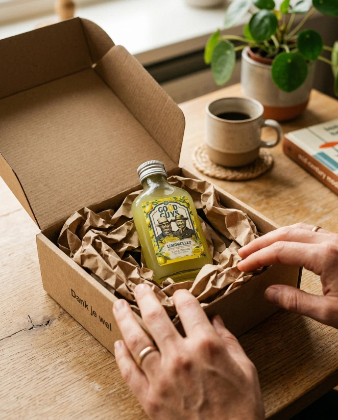 Zakflacon Good Guys Limoncello als pakketvulling in een cadeaudoos