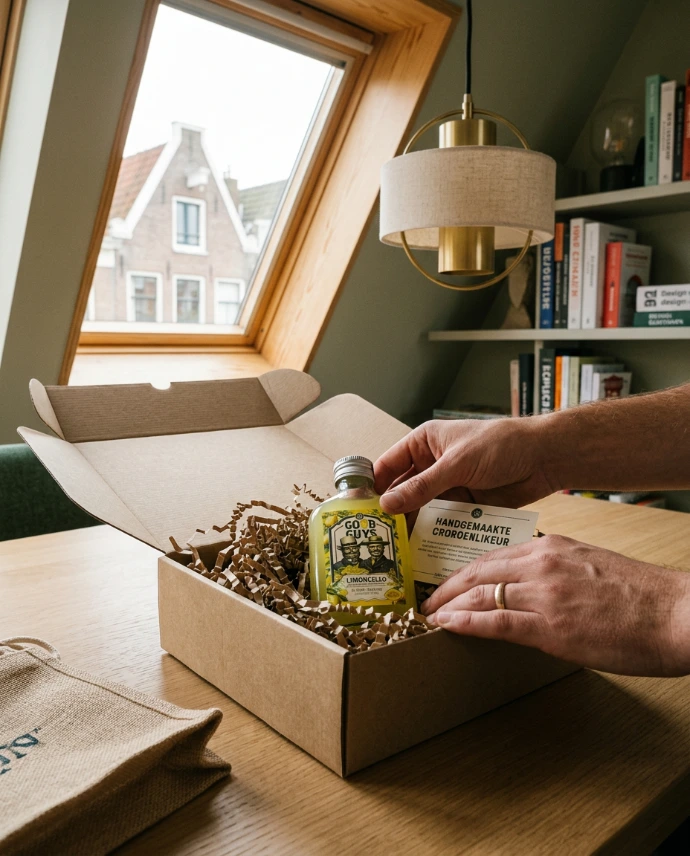 Zakflacon Good Guys Limoncello als pakketvulling in een relatiegeschenk