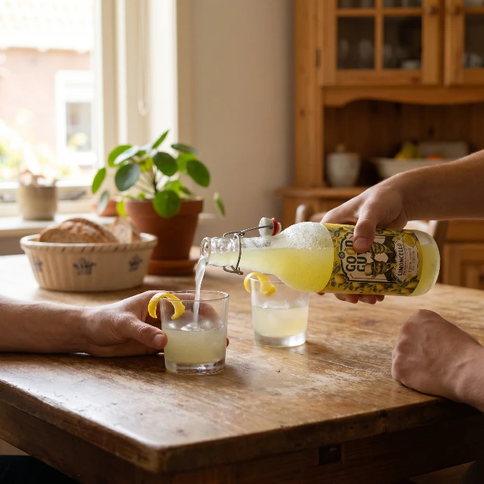 Ijskoud geserveerde limoncello in glas met citroenschil