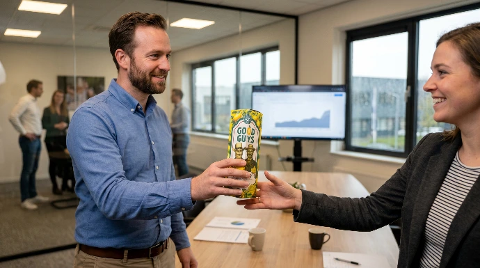 Persoon overhandigt Good Guys Limoncello geschenkdoos aan een collega tijdens een zakelijke ontmoeting